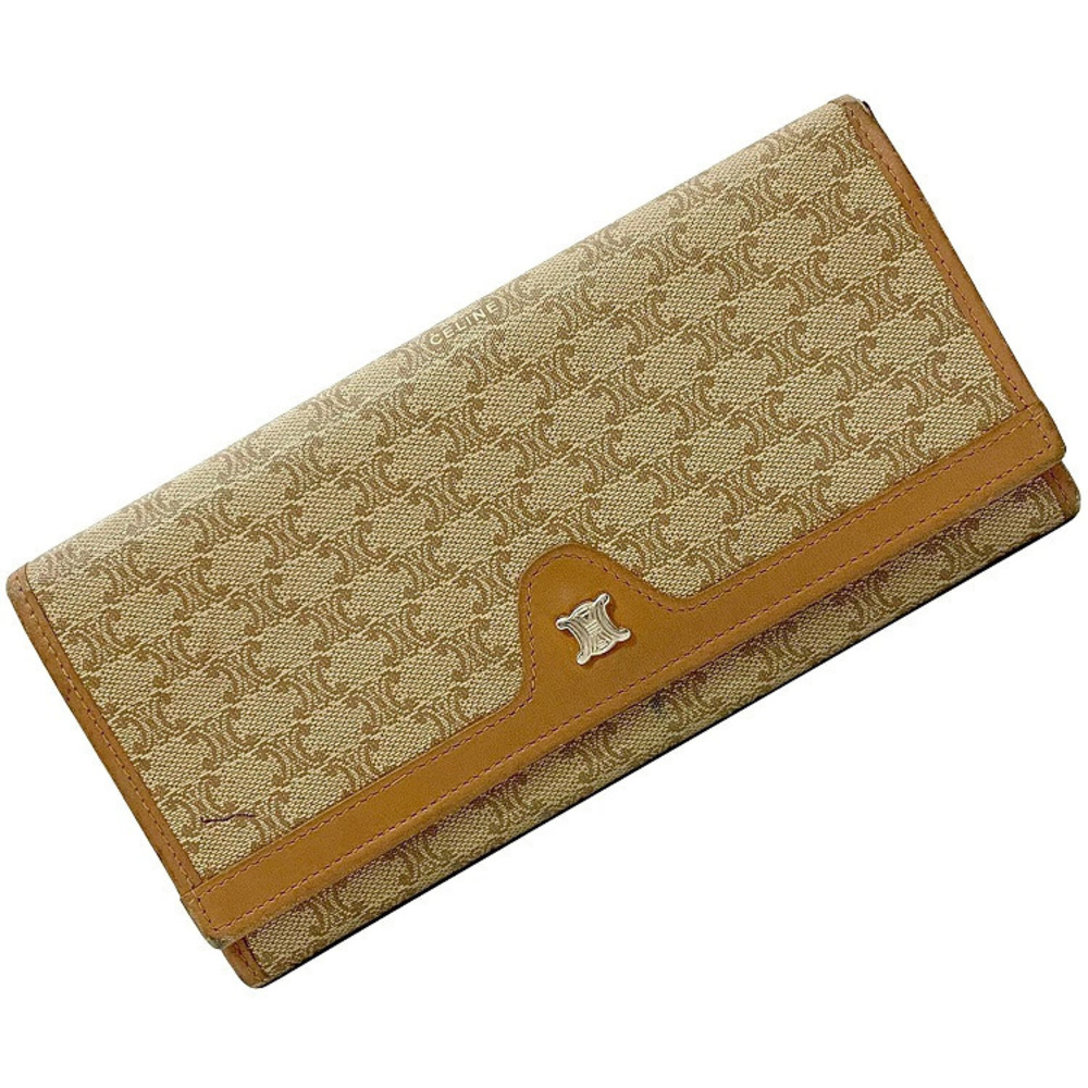 Celine Bifold Clasp Long Wallet Beige Macadam Leather Snap Closure Tan Brown